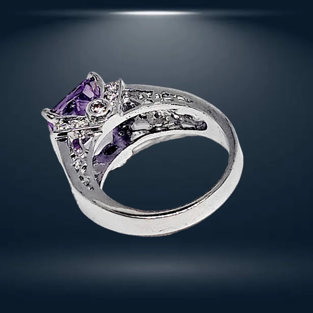 Princess-Cut Brilliant Amethyst Color Stone Cocktail Silver Ring